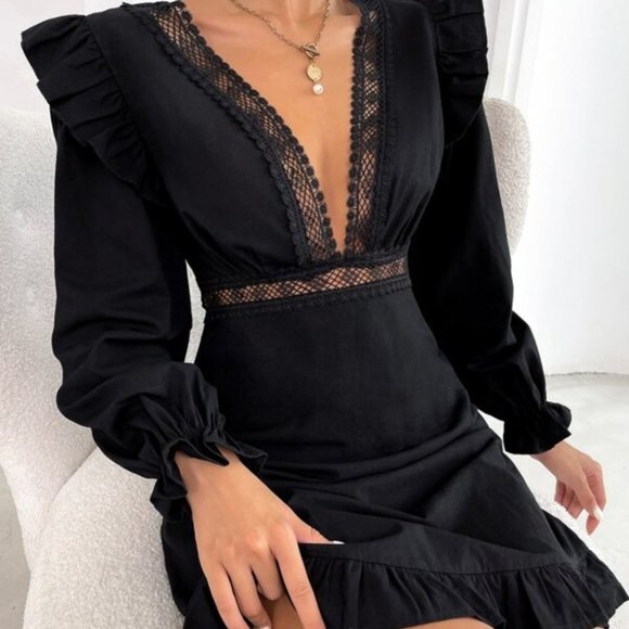 Black Plunging Neckline Lace Ruffle Sleeve Mini Dress - Picture 8 of 13